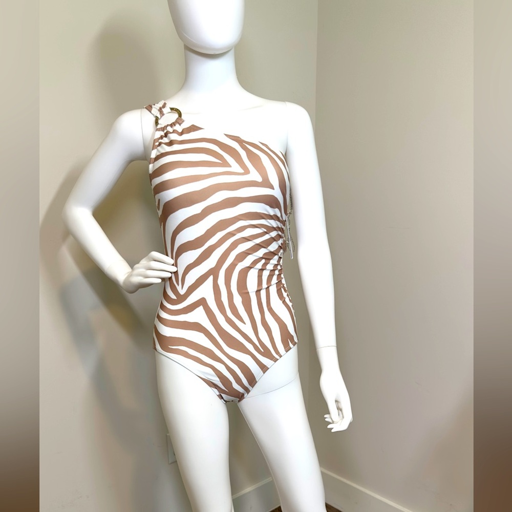 NWT MICHAEL Michael Kors Animal Print One Shoulder O-Ring One Piece Swimsuit,  6